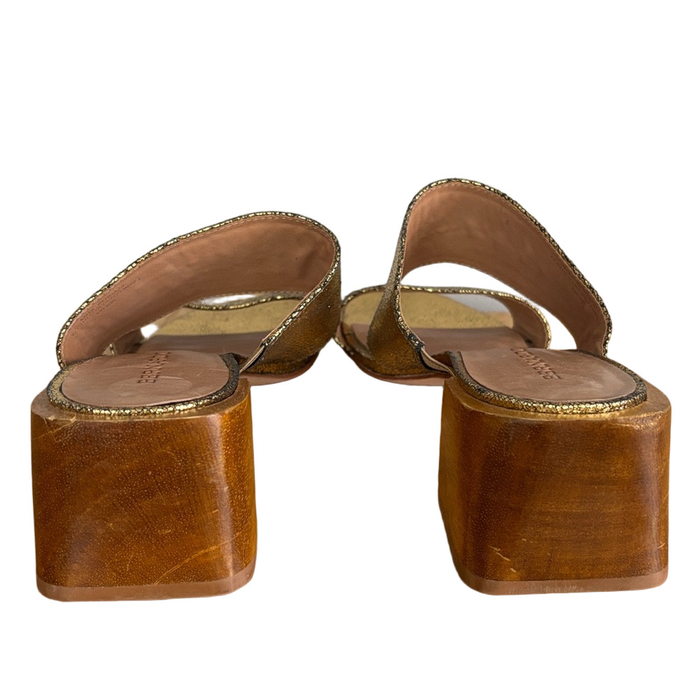 Bernardo Y2K Bri Metallic Gold Crackle Leather Slide Sandals Chunky Heel - Picture 4 of 10